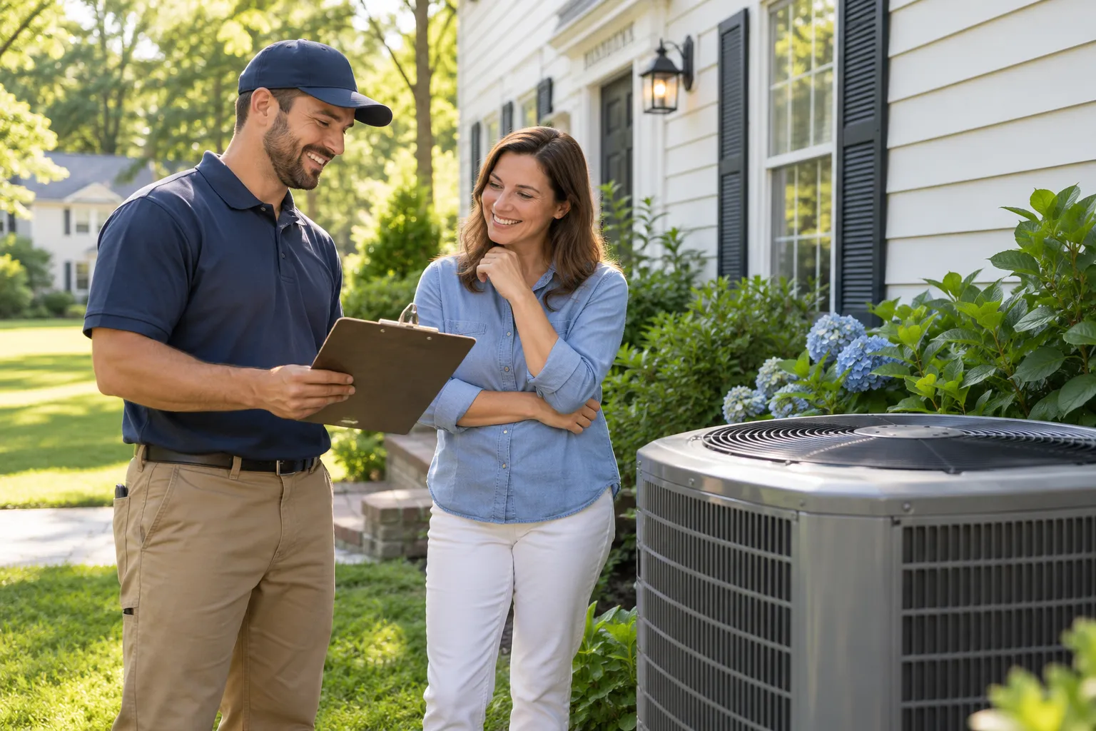 Homeowner checking an air conditioner with a provider in Louisville/Jefferson County metro government